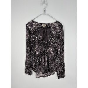 Lucky Brand Blouse Womens M Black Gray Medallion Print Peasant Shirt Tassel Knit